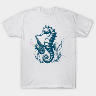 Saxophone Seahorse Rocking Underwater Jazz retro design with colorful bubbles T-Shirt