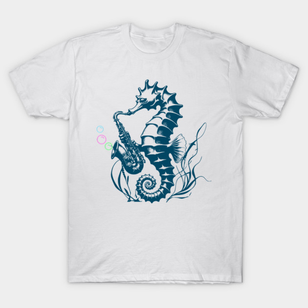 Saxophone Seahorse Rocking Underwater Jazz retro design with colorful bubbles T-Shirt by Luxinda
