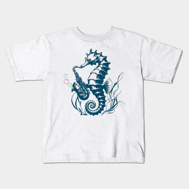 Saxophone Seahorse Rocking Underwater Jazz retro design with colorful bubbles Kids T-Shirt by Luxinda