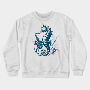 Saxophone Seahorse Rocking Underwater Jazz retro design with colorful bubbles Crewneck Sweatshirt