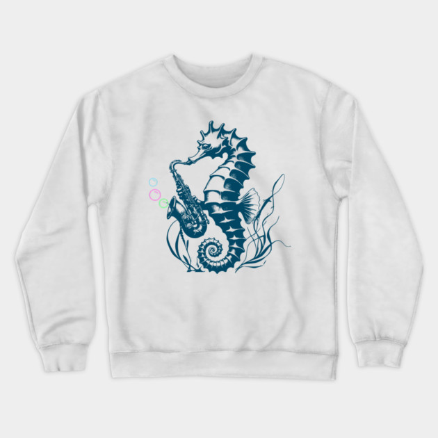 Saxophone Seahorse Rocking Underwater Jazz retro design with colorful bubbles Crewneck Sweatshirt by Luxinda
