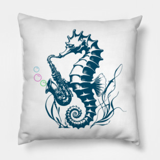 Saxophone Seahorse Rocking Underwater Jazz retro design with colorful bubbles Pillow
