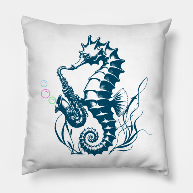 Saxophone Seahorse Rocking Underwater Jazz retro design with colorful bubbles Pillow by Luxinda