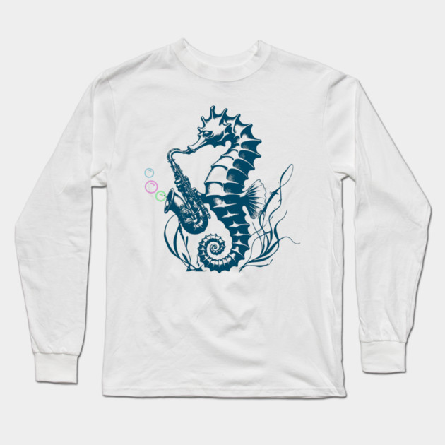 Saxophone Seahorse Rocking Underwater Jazz retro design with colorful bubbles Long Sleeve T-Shirt by Luxinda