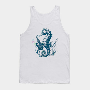 Saxophone Seahorse Rocking Underwater Jazz retro design with colorful bubbles Tank Top