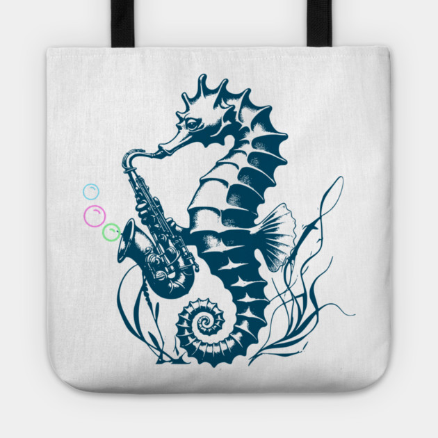 Saxophone Seahorse Rocking Underwater Jazz retro design with colorful bubbles Tote by Luxinda