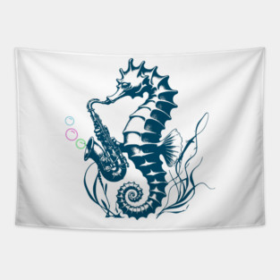 Saxophone Seahorse Rocking Underwater Jazz retro design with colorful bubbles Tapestry