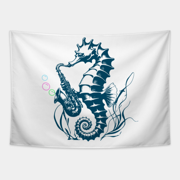 Saxophone Seahorse Rocking Underwater Jazz retro design with colorful bubbles Tapestry by Luxinda
