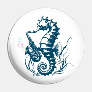 Saxophone Seahorse Rocking Underwater Jazz retro design with colorful bubbles Pin