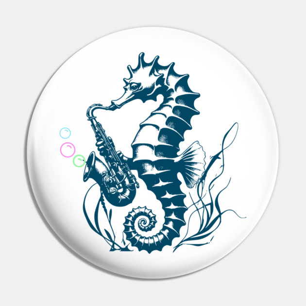 Saxophone Seahorse Rocking Underwater Jazz retro design with colorful bubbles Pin by Luxinda