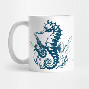 Saxophone Seahorse Rocking Underwater Jazz retro design with colorful bubbles Mug