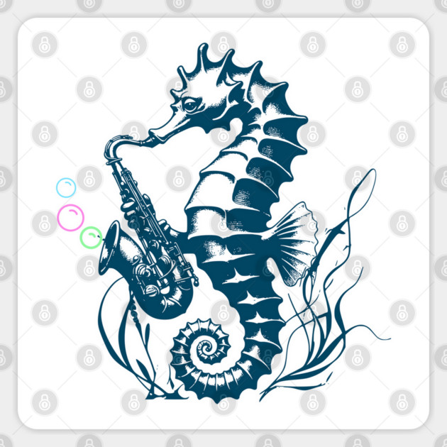 Saxophone Seahorse Rocking Underwater Jazz retro design with colorful bubbles Sticker by Luxinda