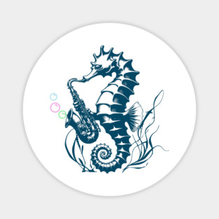 Saxophone Seahorse Rocking Underwater Jazz retro design with colorful bubbles Magnet