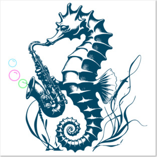 Saxophone Seahorse Rocking Underwater Jazz retro design with colorful bubbles Posters and Art