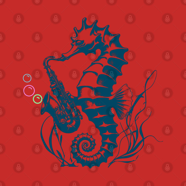 Saxophone Seahorse Rocking Underwater Jazz retro design with colorful bubbles by Luxinda