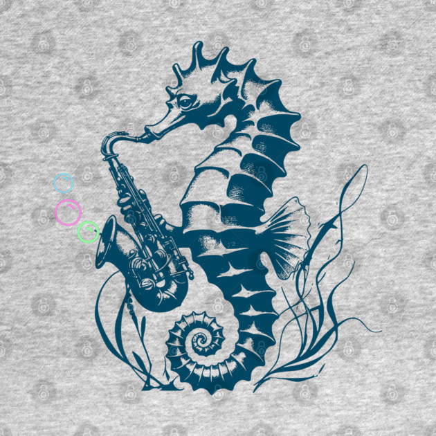Saxophone Seahorse Rocking Underwater Jazz retro design with colorful bubbles by Luxinda