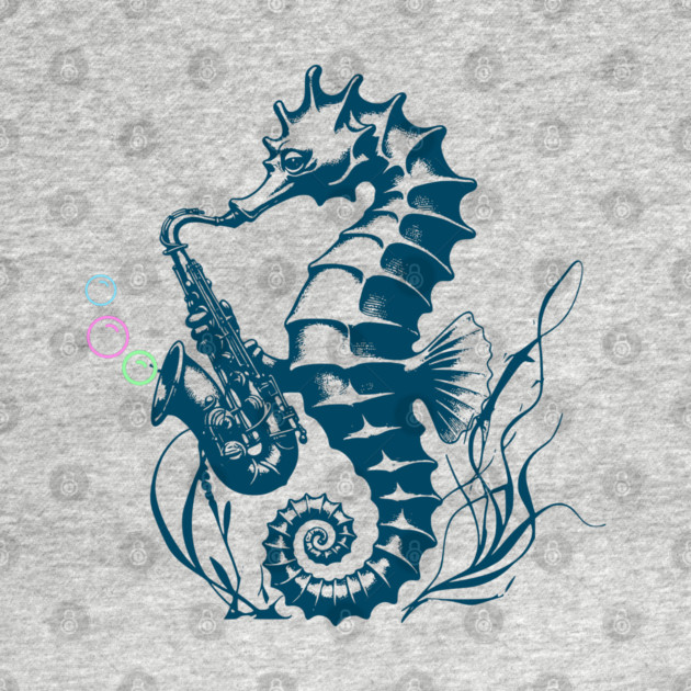 Saxophone Seahorse Rocking Underwater Jazz retro design with colorful bubbles by Luxinda