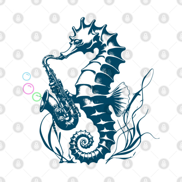 Saxophone Seahorse Rocking Underwater Jazz retro design with colorful bubbles by Luxinda