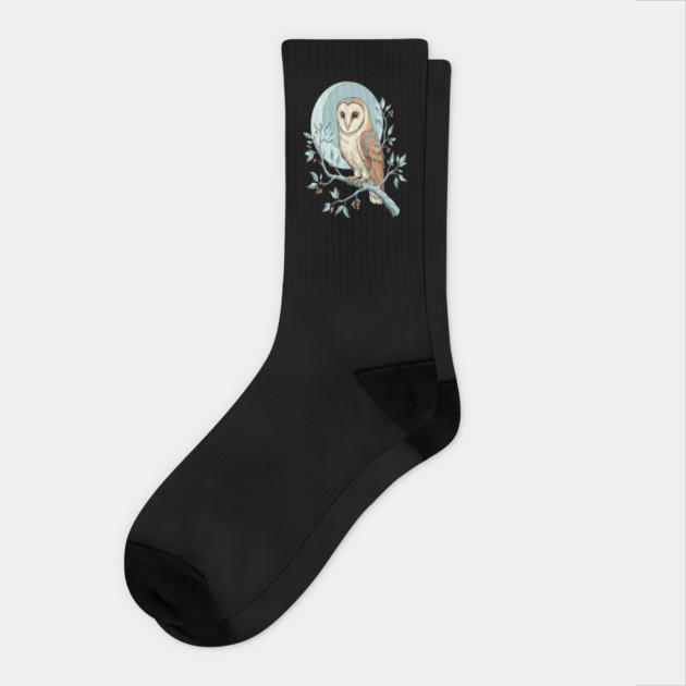 Moonlit Barn Owl Botanical Art Socks by BirdsnStuff
