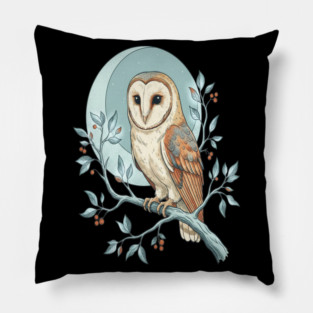 Moonlit Barn Owl Botanical Art Pillow