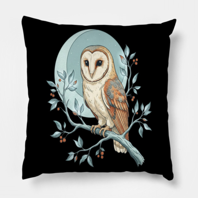 Moonlit Barn Owl Botanical Art Pillow by BirdsnStuff