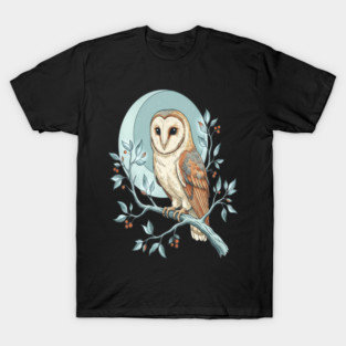 Moonlit Barn Owl Botanical Art T-Shirt