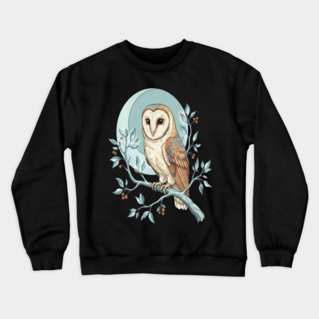 Moonlit Barn Owl Botanical Art Crewneck Sweatshirt by BirdsnStuff