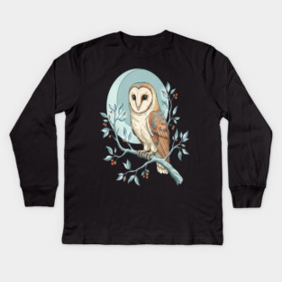 Moonlit Barn Owl Botanical Art Kids Long Sleeve T-Shirt
