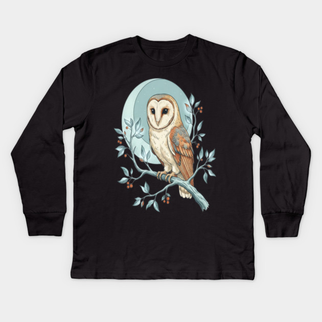 Moonlit Barn Owl Botanical Art Kids Long Sleeve T-Shirt by BirdsnStuff