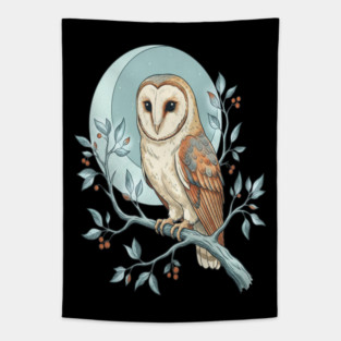 Moonlit Barn Owl Botanical Art Tapestry