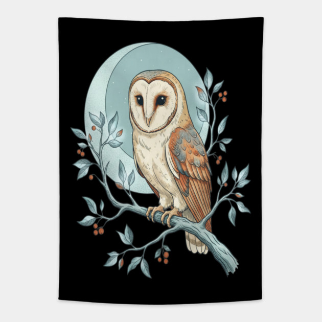 Moonlit Barn Owl Botanical Art Tapestry by BirdsnStuff