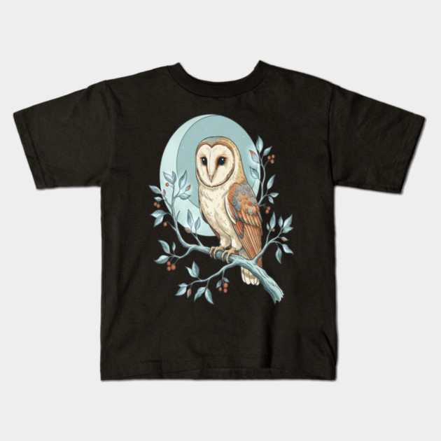 Moonlit Barn Owl Botanical Art Kids T-Shirt by BirdsnStuff