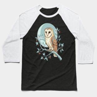 Moonlit Barn Owl Botanical Art Baseball T-Shirt