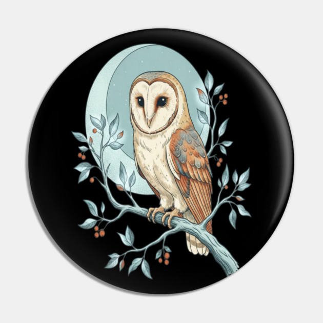 Moonlit Barn Owl Botanical Art Pin by BirdsnStuff