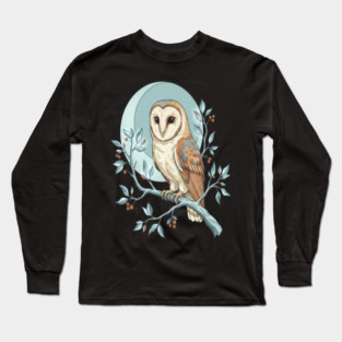 Moonlit Barn Owl Botanical Art Long Sleeve T-Shirt