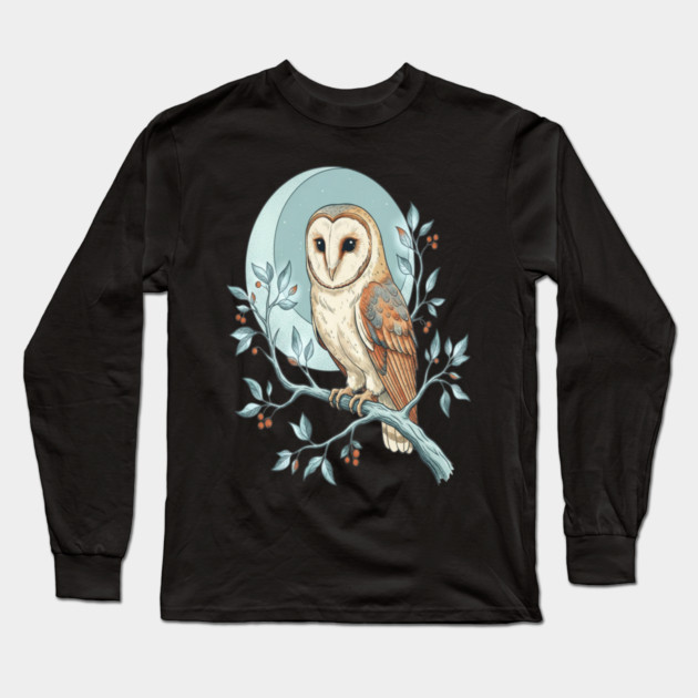 Moonlit Barn Owl Botanical Art Long Sleeve T-Shirt by BirdsnStuff
