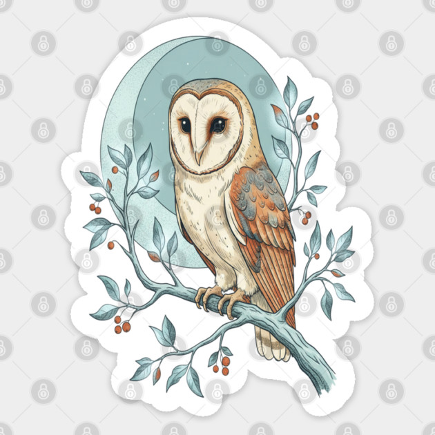 Moonlit Barn Owl Botanical Art Sticker by BirdsnStuff