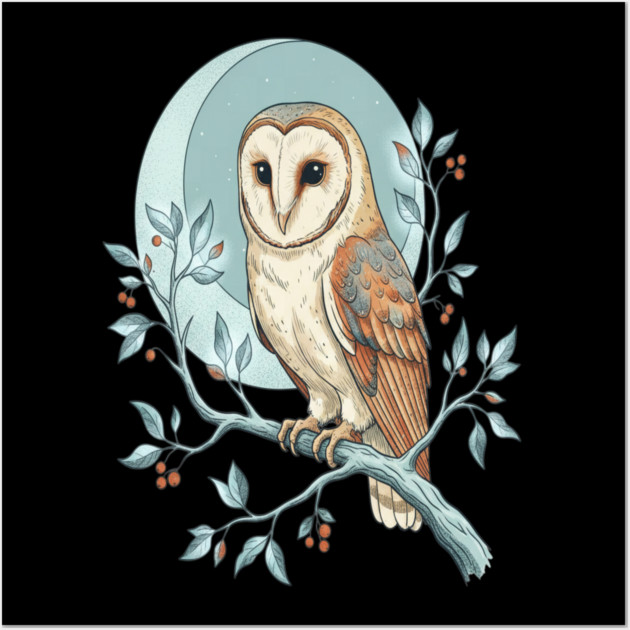 Moonlit Barn Owl Botanical Art Wall Art by BirdsnStuff