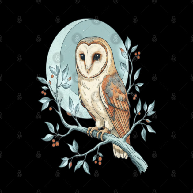 Moonlit Barn Owl Botanical Art by BirdsnStuff
