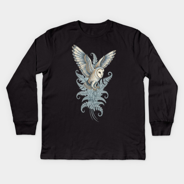 Moonlit Barn Owl in Flight Kids Long Sleeve T-Shirt by BirdsnStuff