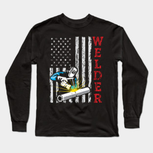 Welder Welding Pipefitter USA American Flag Patriotic Retro Vintage Style Long Sleeve T-Shirt