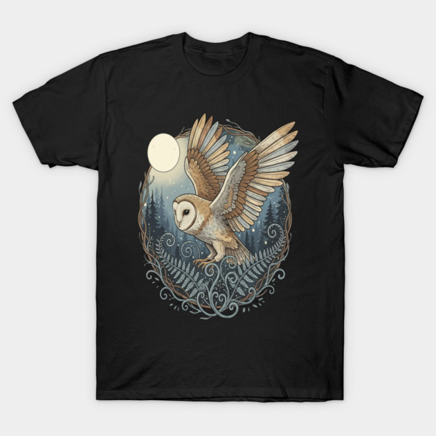 Moonlit Barn Owl in Flight T-Shirt by BirdsnStuff