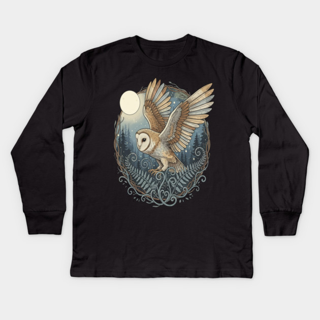 Moonlit Barn Owl in Flight Kids Long Sleeve T-Shirt by BirdsnStuff