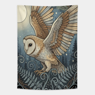 Moonlit Barn Owl in Flight Tapestry