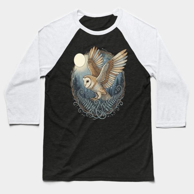 Moonlit Barn Owl in Flight Baseball T-Shirt by BirdsnStuff