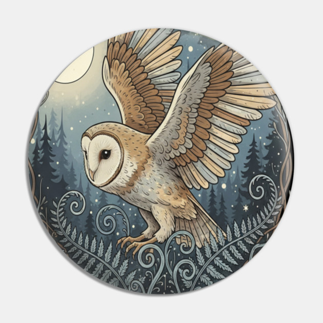 Moonlit Barn Owl in Flight Pin by BirdsnStuff