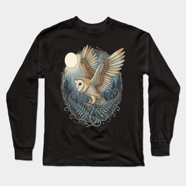 Moonlit Barn Owl in Flight Long Sleeve T-Shirt by BirdsnStuff