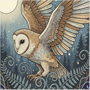 Moonlit Barn Owl in Flight Posters and Art