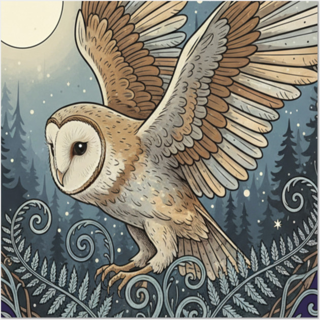 Moonlit Barn Owl in Flight Wall Art by BirdsnStuff