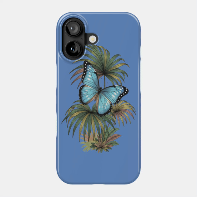 Tropical Blue Morpho Butterfly Botanical Art Phone Case by BirdsnStuff